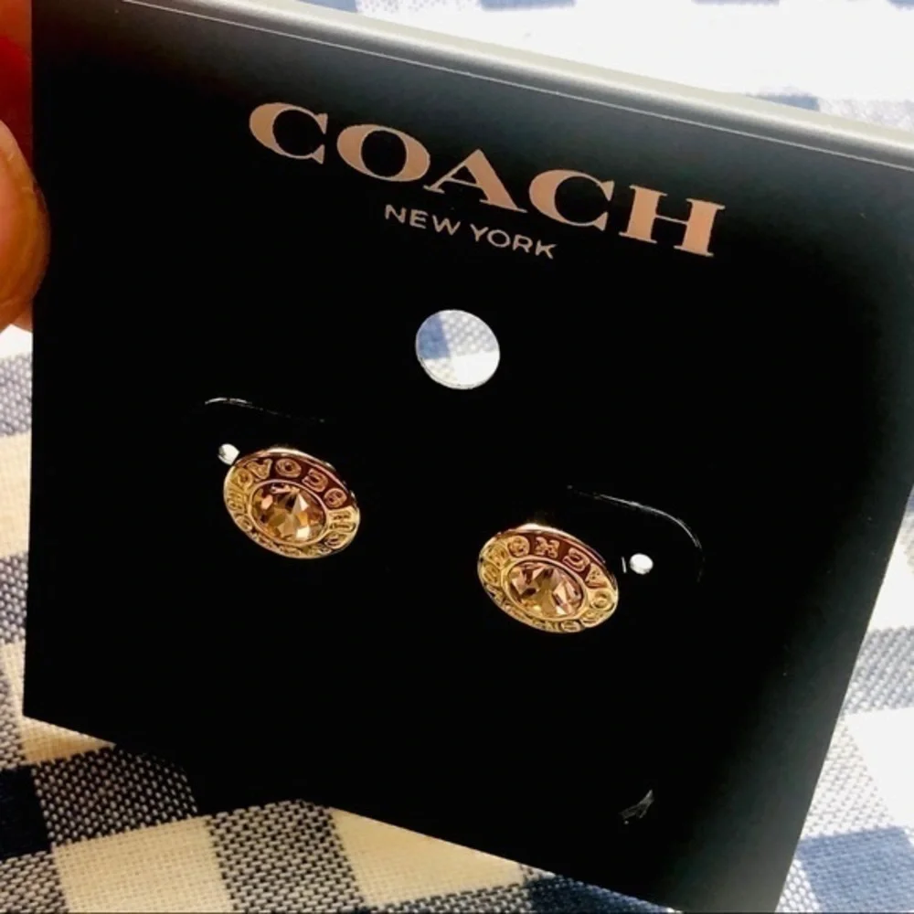 Coach Gold Crystal Stud Earrings Logo Rim Sparkle NWT - Picture 3 of 3